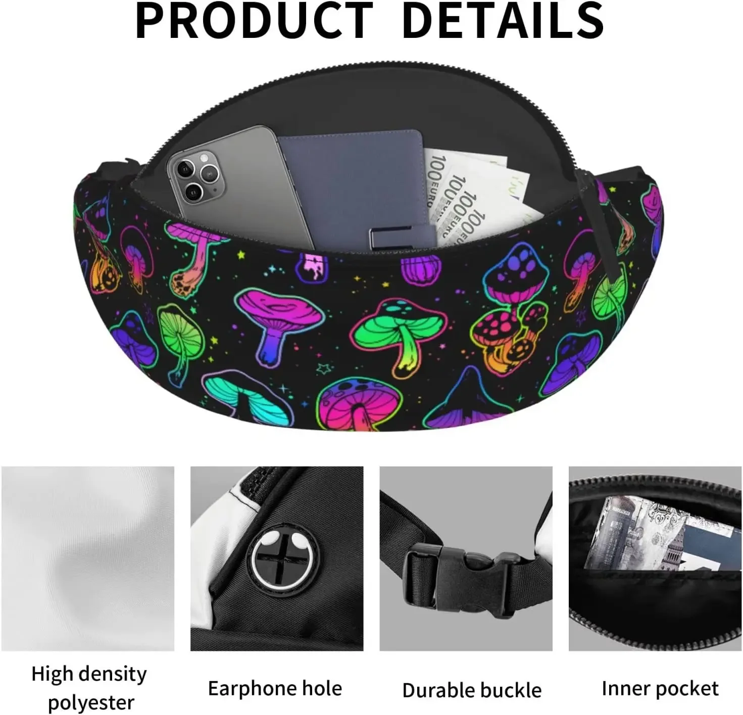 Cogumelos psicodélicos brilhantes Fanny Pack para homens e mulheres, bolsa de cinto ajustável, cintura casual para viagens, caminhadas, corrida, ciclismo