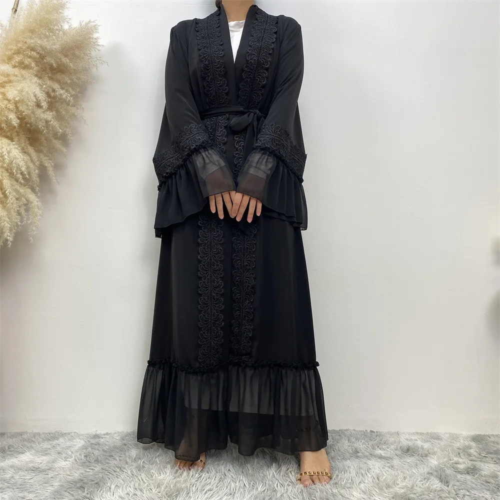 Ramadan Lace Embroidery Open Abaya Dubai Women Eid Kimono Abayas for Women Muslim Dresses Islam Clothes Kaftan Hijab Robe Robe