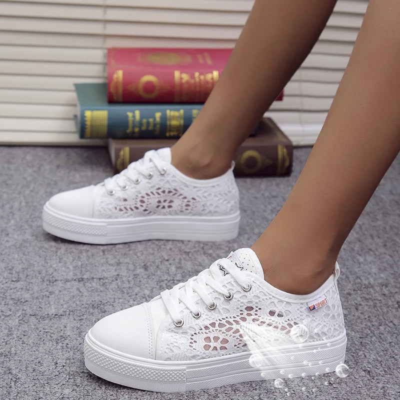 Women Shoes  Fashion Summer Casual White Shoes Cutouts Lace Canvas Hollow Breathable Platform Flat Shoes Woman Sneakers