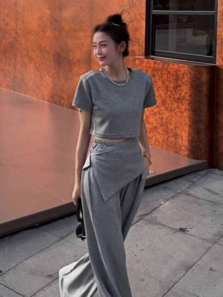 

Faionably Irregular Casual Set Women's round Ne Crop Top ort Sve T-irt plus Elastic Waist Wide Leg Pants Summer 202