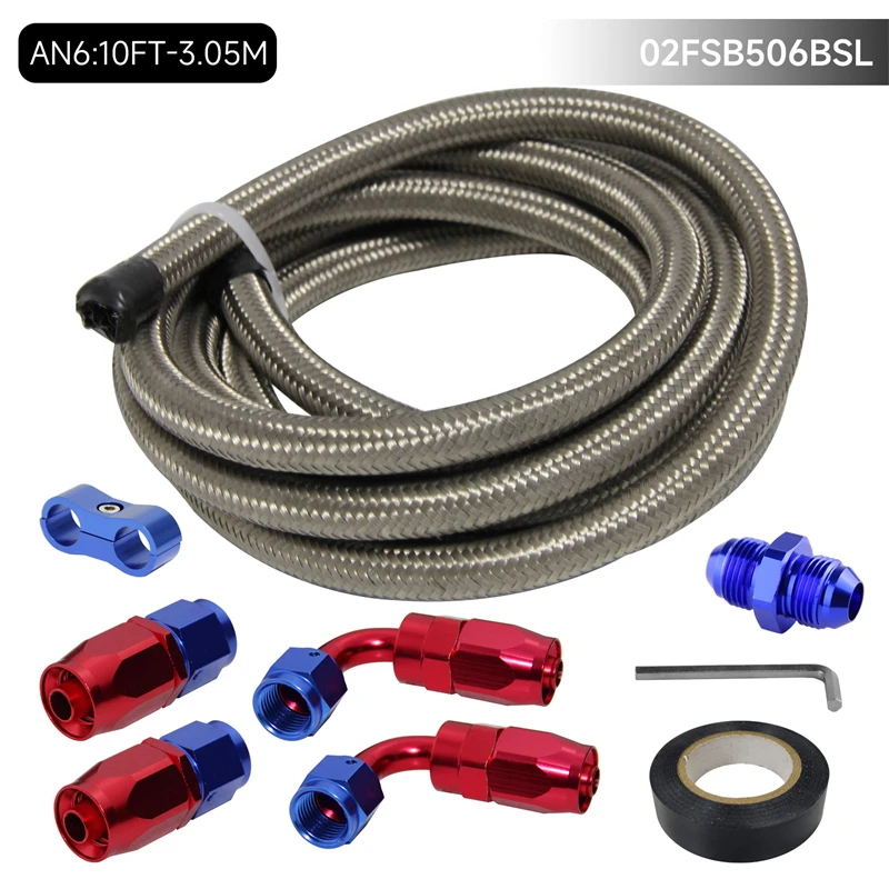 10FT 3.05M AN6 Nylon/ Stainless Steel Braided Gas/Oil/Fuel Line + Hose End Fitting Kit Black /Silver Universal For honda civic