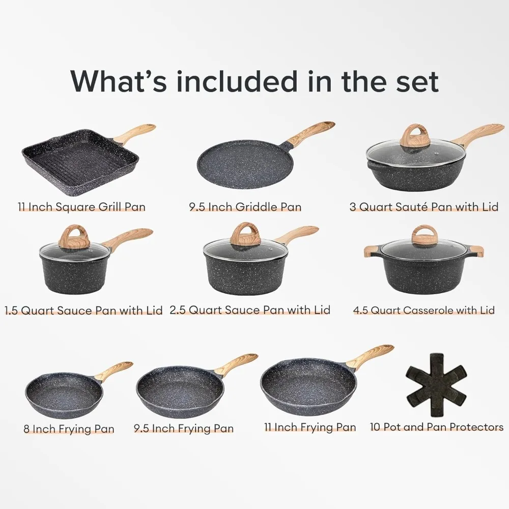 Pots and Pans Set Nonstick 23pcs, Healthy Kitchen Cookware Sets, Induction Cooking Set W/Gray Granite Stone Frying Pans