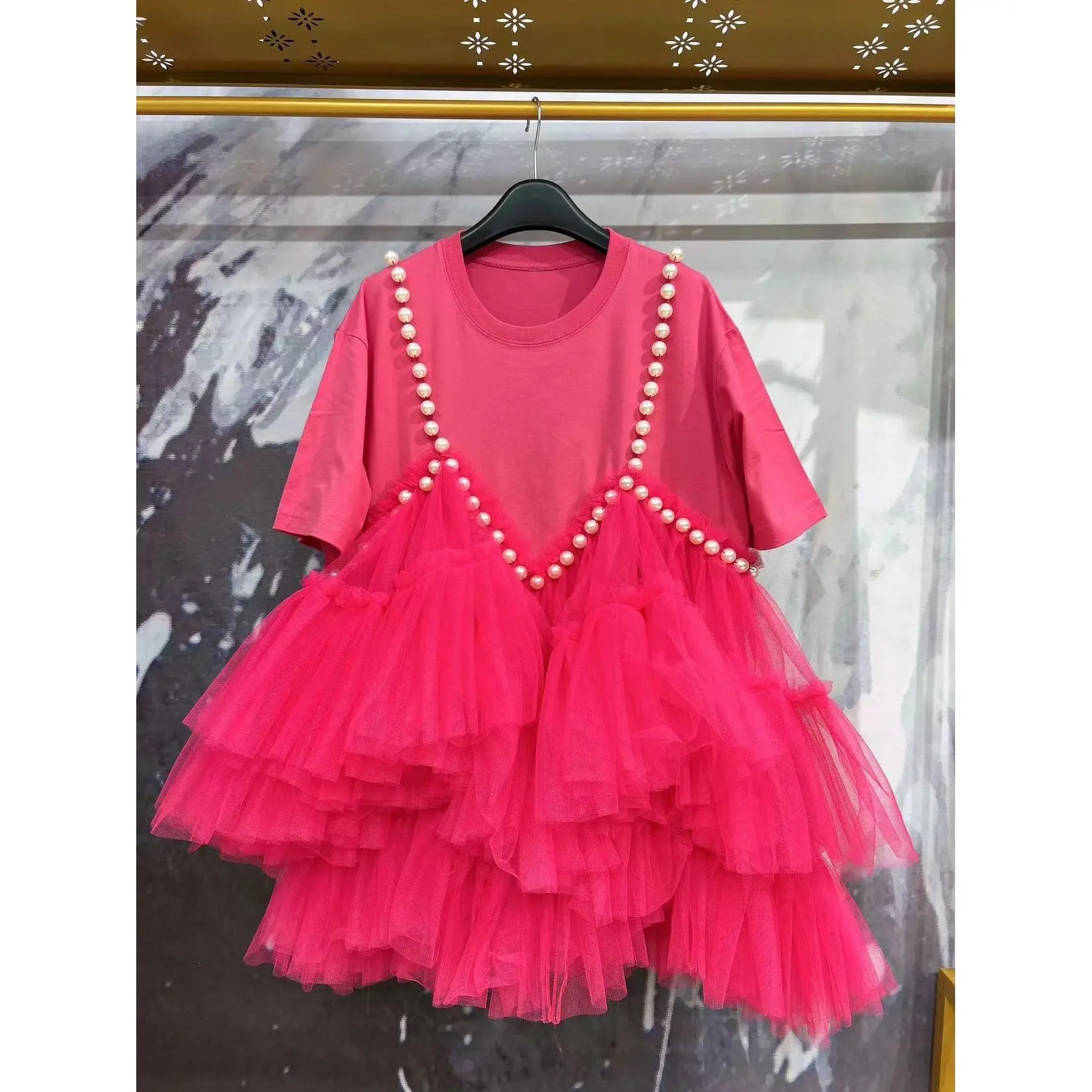 Luxury Mesh Spliced Ruffles T-shirts Dress Diamonds Beaded Irregular Gauze Pleated Pearls Tees Fake 2pcs Camisole Dress Vestidos