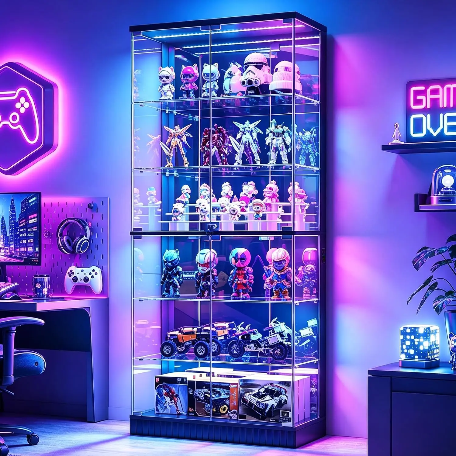 6-Tier Tall Glass Display Cabinet With RGB Lights For Collectibles, Customized