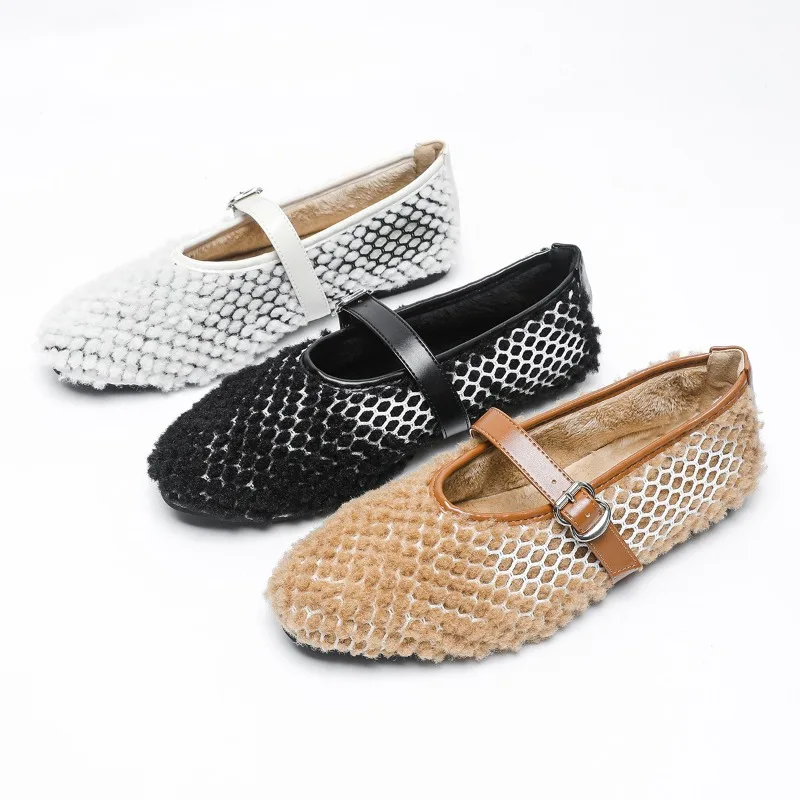 

New Four Seasons Women's Flat Shoes Hollow Plus Velvet Single Shoes Plus Fur Warm and Comfortable Flat Shoes