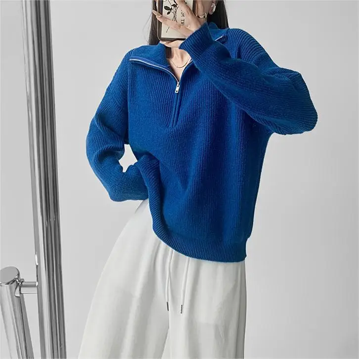 ALA Rising|L2446 Solid Color Pullover Knit Hoodies For Women 2024 Autumn Style Sweaters Stand Collar With Zipper