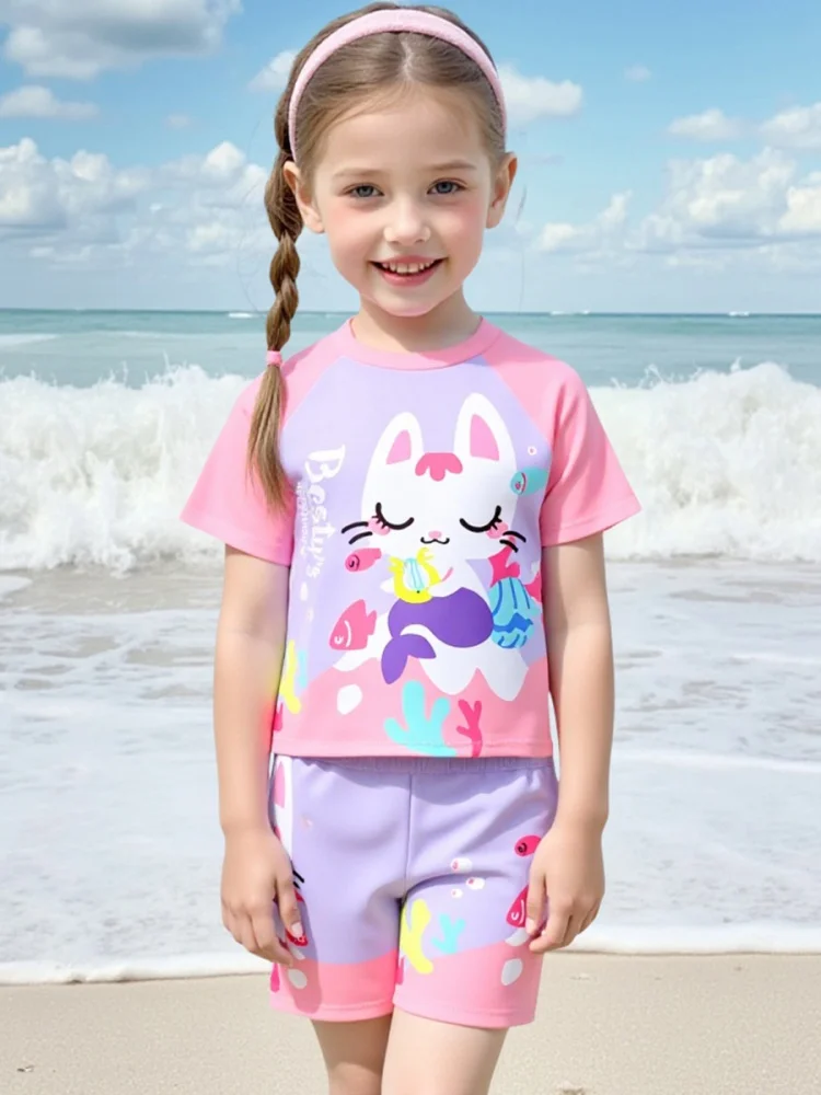 

Girls Kids Swimsuit 2025 New Cartoon Cat Short Sleeve Children Swimwear Summer Three Piece Shorts Beachwear Bathing Suit Female