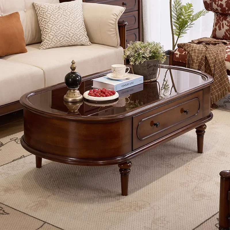 Medieval solid wood cof fee tab le TV cabinet combination living ro om furniture French retro glass storage co ffee table