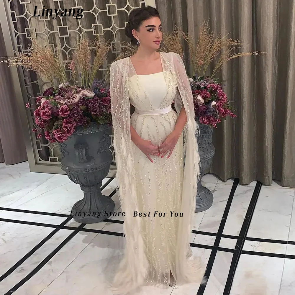 Linyang Luxury Square Collar Yellow Prom Dress Cape Sleeves Dubai Kaftan Evening Feathers Elegant Party Dress For Women 2023