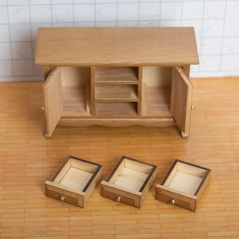 Mini Wooden Cabinet Two Door Three Compartment Cabinet Miniature Craft Model 1:12 Mini Furniture Ornament Home Decoration