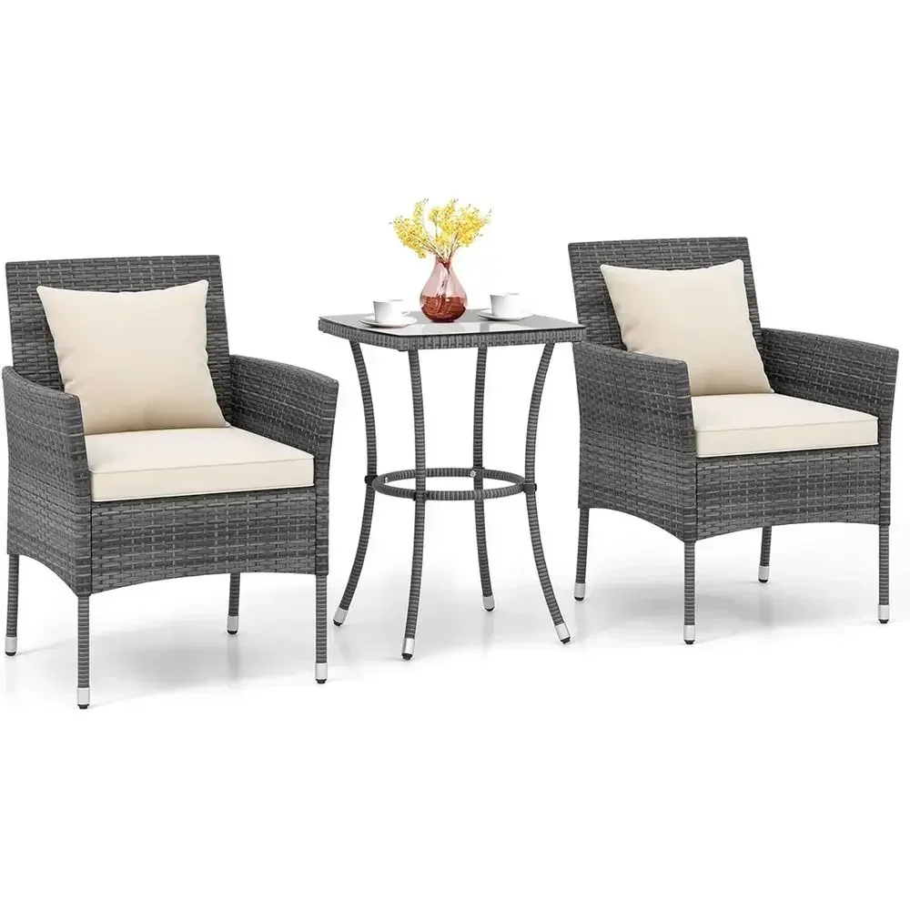3-Piece Outdoor Patio Furniture Set with PE Rattan, Tempered Glass Table, and Cushioned Seats - Ideal for Garden, Porch, or Balc