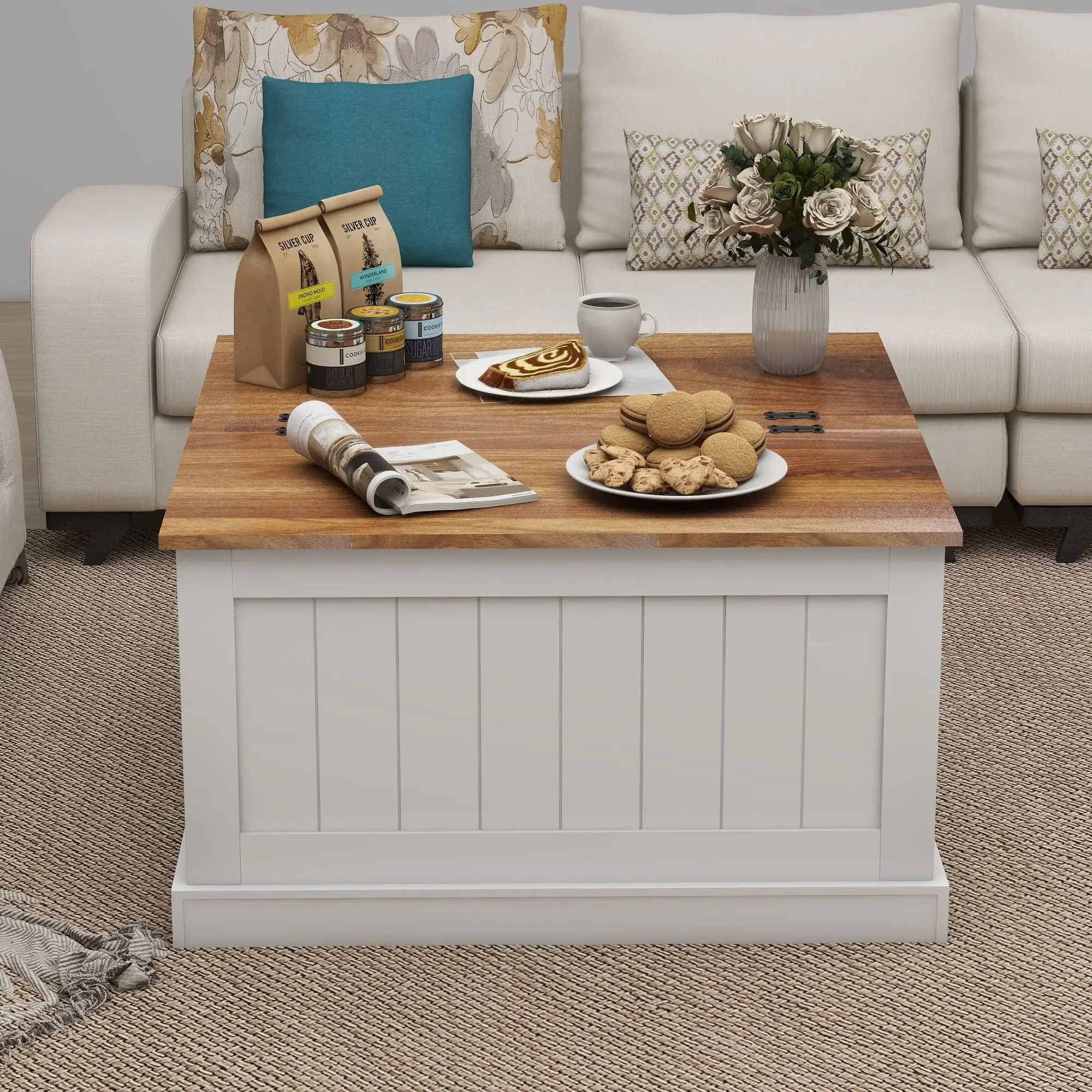

31.5"Farmhouse Coffee Table,Square Wood Center Table with Hinged Lift Top,Rustic Cocktail Table,Large Hidden Storage Compartmen