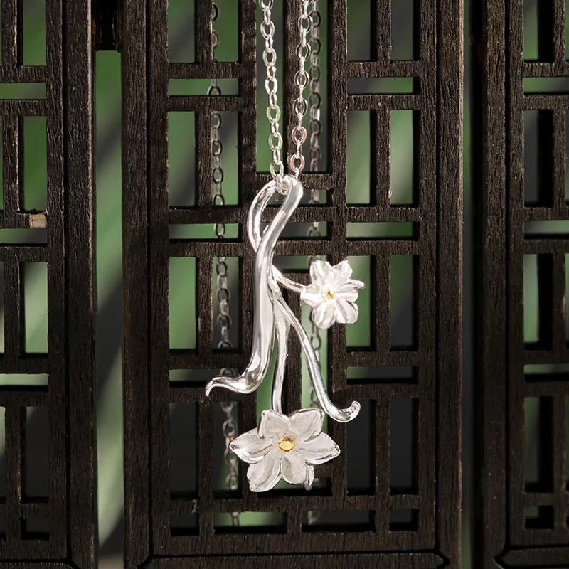 

Retro artistic narcissus pendant necklace, handcrafted s925 silver necklace, classical and beautiful floral collarbone chain