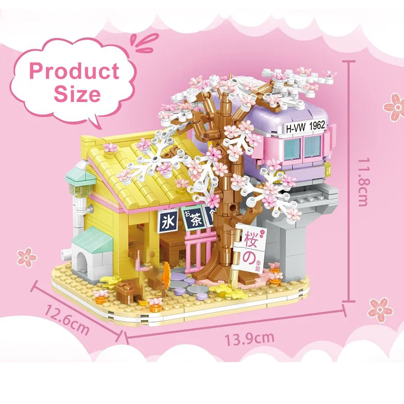 Creative Street View Izakaya Sakura House Model Building Blocks City Cherry Blossom Hut MOC Bricks With Figure Toys For Kid Gift