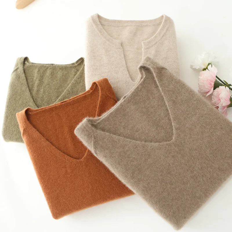 2025 outono e inverno novo feminino ombro comprimento manga comprida camisola de caxemira solta com decote em v 100% lã merino roupas de malha