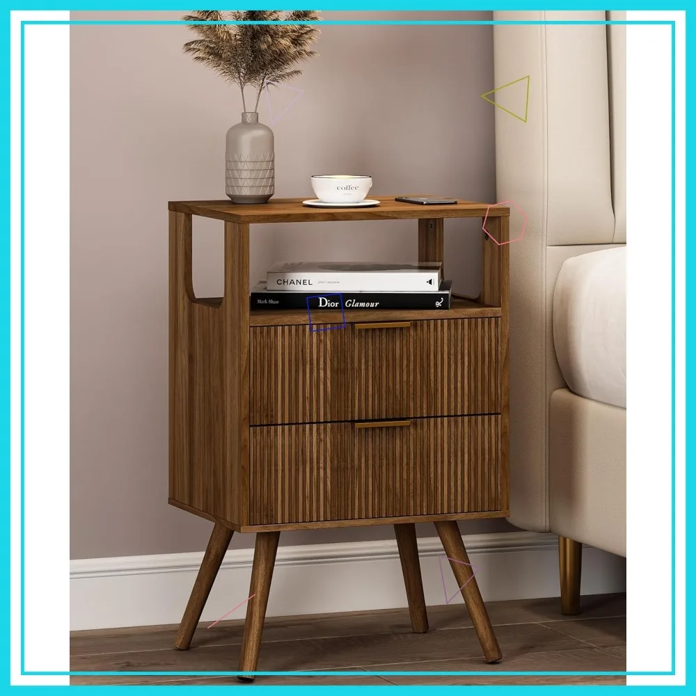 

Modern Nightstand with 2 Drawers and Open Shelf, Walnut Brown for Bedroom and Small Spaces