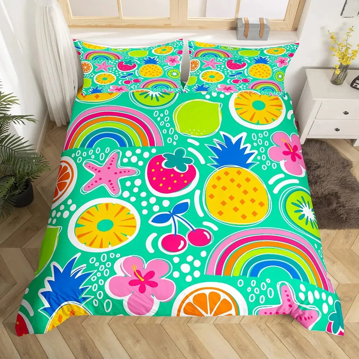 funda-de-edredon-arcoiris-kawaii-con-diseno-de-frutas-tropicales-juego-de-ropa-de-cama-con-estampado-de-pina-kiwi-limon-donut-naranja-cereza-y-fresa