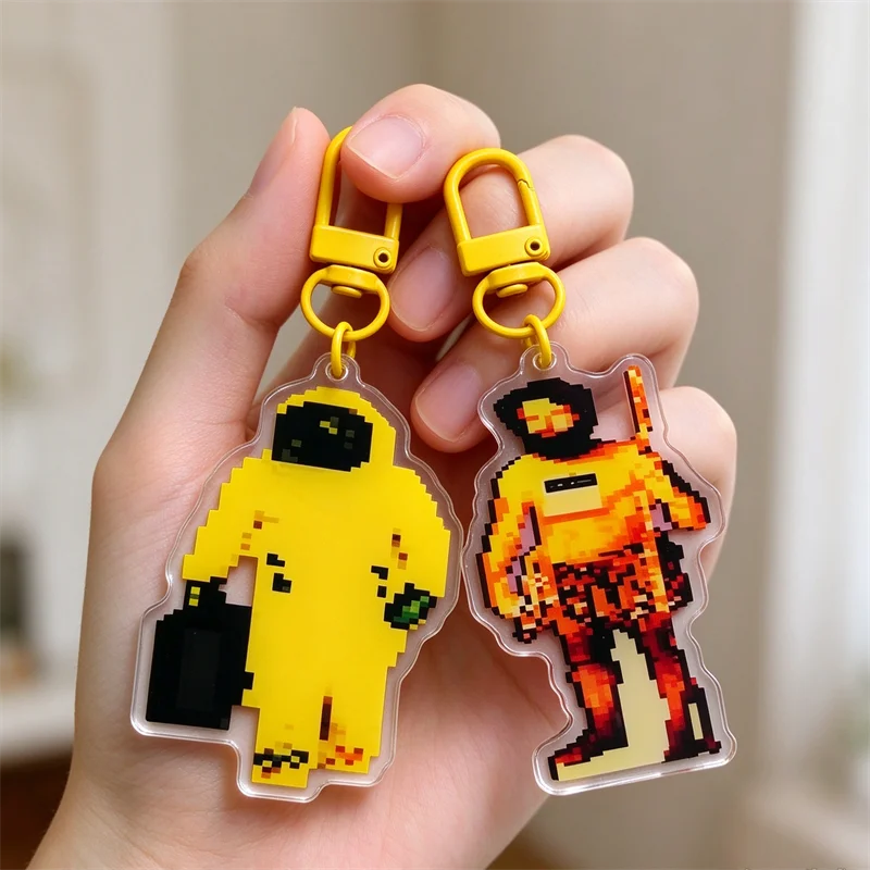 Pixel Cave Man Hazmat Suit Acrylic Keychain Backrooms Themed Gaming Collectible Key Ring for Geeks And Fans