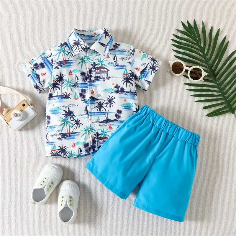 Conjunto de camisa e shorts de manga curta havaiana, roupa para criança bebê menino, roupas de verão, 2 peças