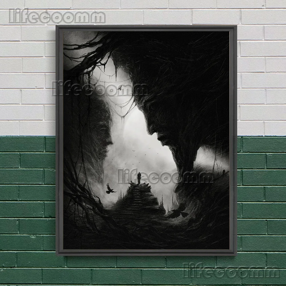 The Undead Lost In The Mountains Black-White Pencil Drawing Wall Art Print Scary Dark Night Forest Art Poster Print Home Decor