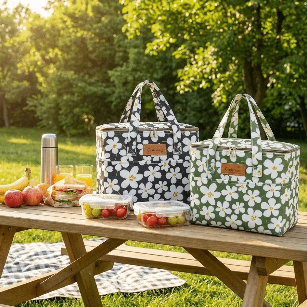Square Design Oxford Fabric Floral Print Insulated Bag Large Capacity Oilproof Thermal Tote Reusable Portable Cooler Bag Office