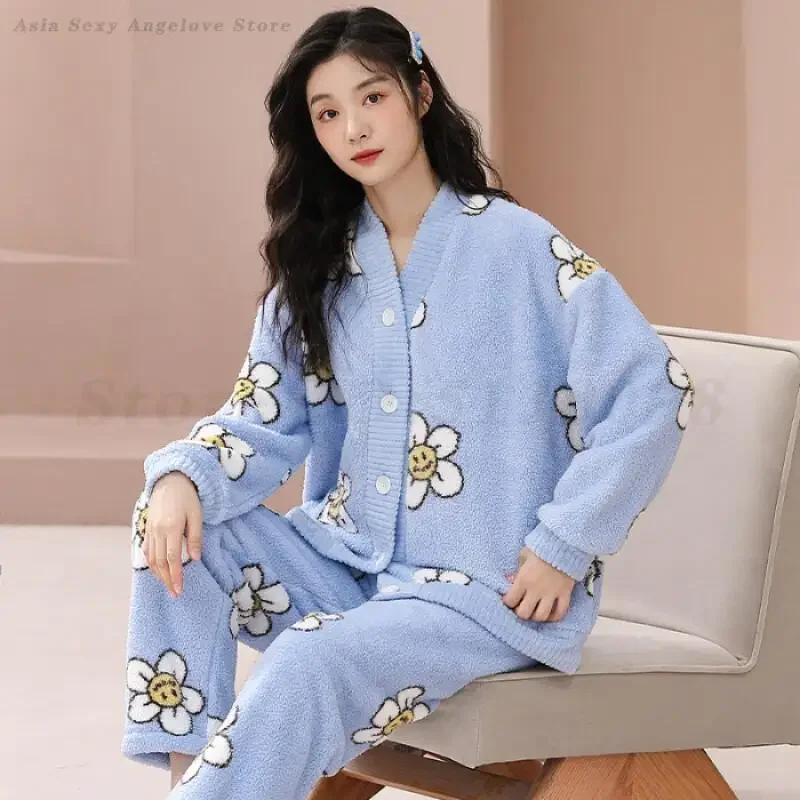 

Women Sweet Sleepwear Long Sleeved Coral Fleece Pajamas Set Winter Thick Warm Cardigan Trouser Pijamas Suit Home Wear Loungewear
