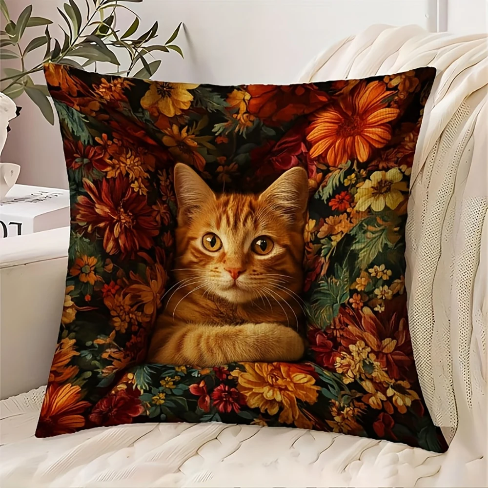 2D flat- Vintage Rustic Floral Ginger Cat Throw Pillow Cover Warm Tone Autumn Flower Decorative Cushion Case for