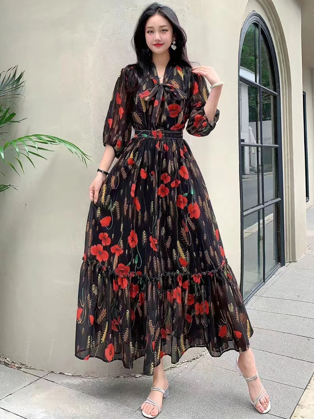 New Spring Summer Women Lace-up Bow Collar Half Sleeve Belt Slim Long Dress High Quality Sweet Big Hem Wheat Ear Floral Dress