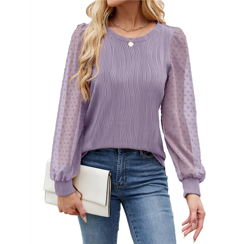 CGS-Camicette a maniche lunghe da donna Camicette eleganti casual girocollo con maniche a sbuffo T-shirt in maglia testurizzata