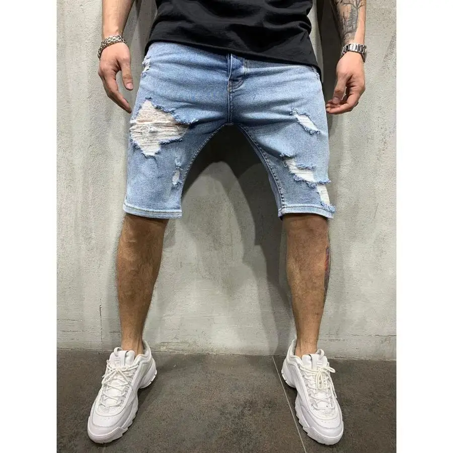 Perforated Mens Denim Shorts Ripped Jeans European and American Large Size White Tight Trendy Streetwear Men\'s Short Pants