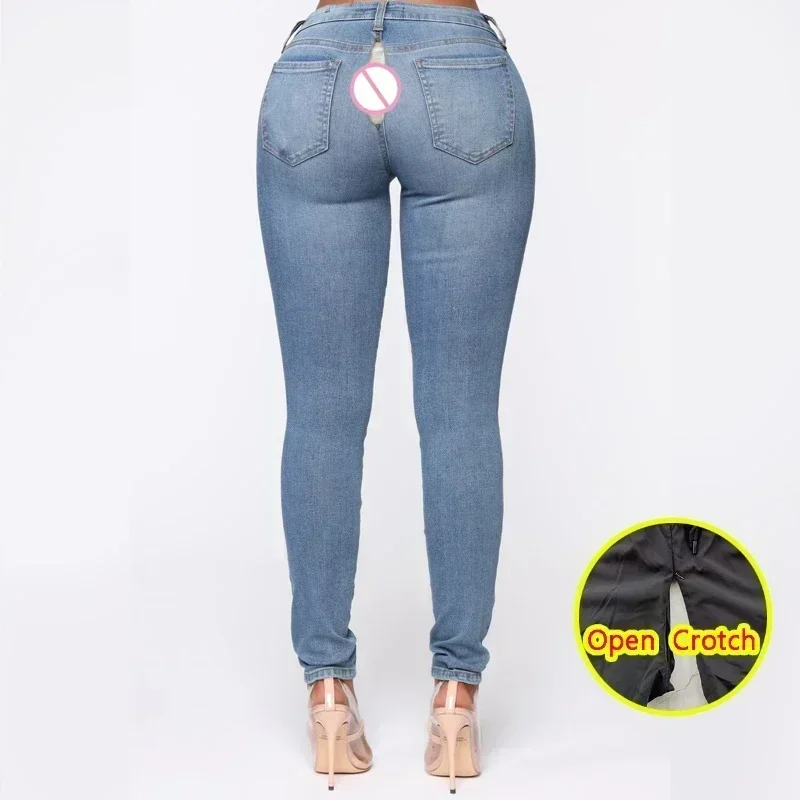 Mulher sexy aberto virilha jeans moda pele crotchless calças esconder zíper casal ao ar livre sexo traje dança erótico adulto outfit novo