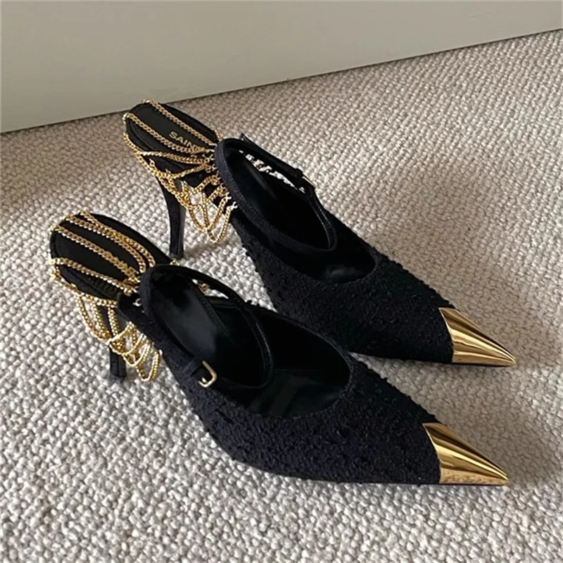 

Fashion Metal Chains Women Pumps Elegant Pointed toe Ankle Strap High heels Sexy Party Shoes Sandalias De Las Mujeres