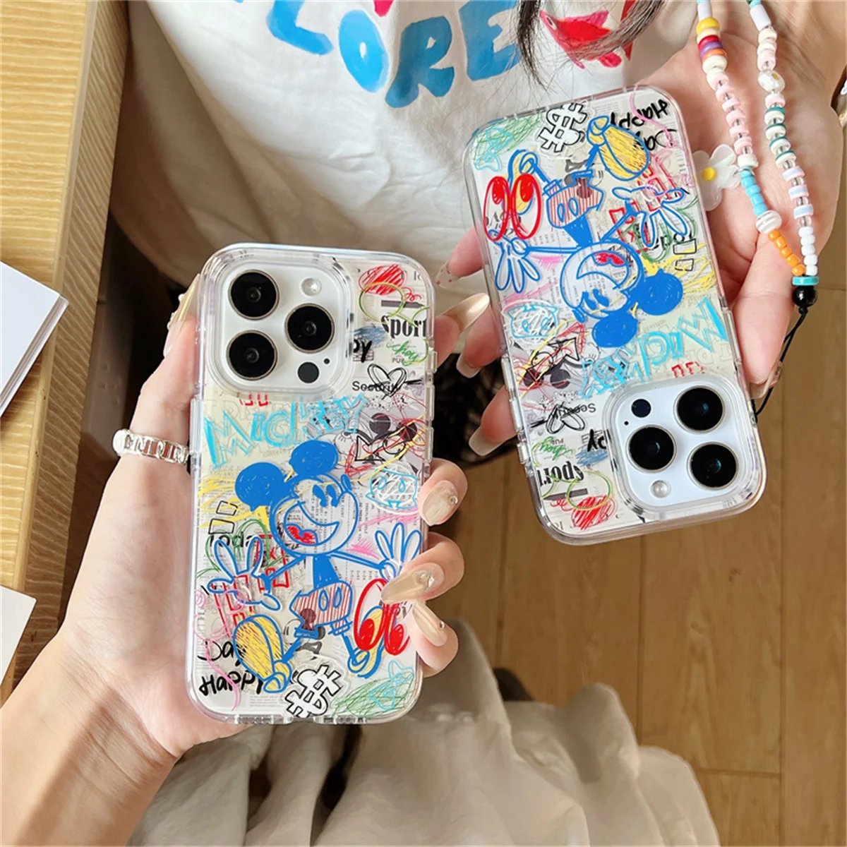 おもしろ可愛い落書きミッキー iPhone 16 Pro 14 13 15 Pro Max用 チェーンペンダント付き耐衝撃ケース