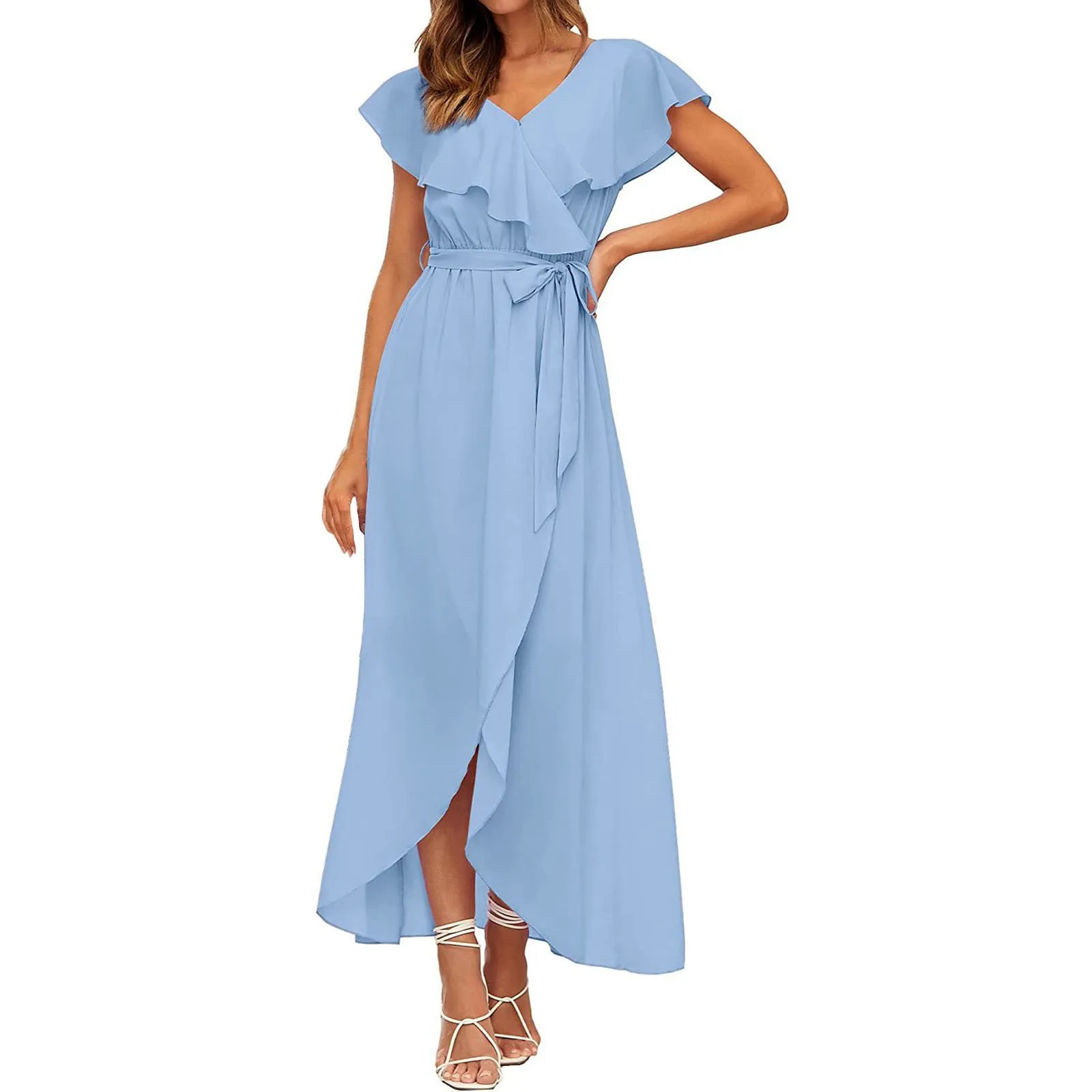 V Neck Ruffle Tie Hem Slit Short Sleeve Dress Boho Beach Dresses Retro