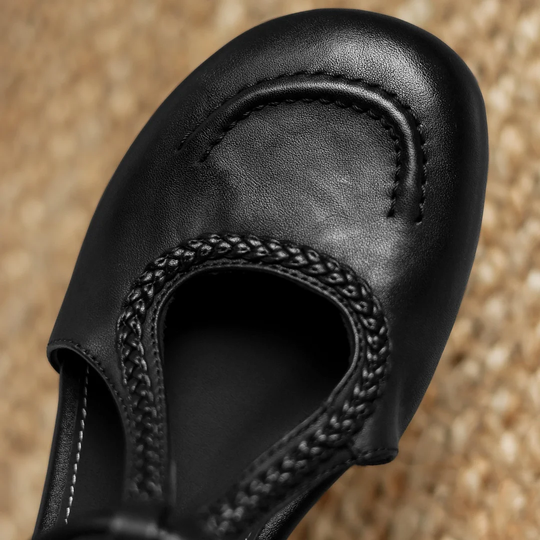 Zapatos planos sin cordones con correa en T y banda estrecha de cuero de vaca para mujer, zapatos informales suaves y cómodos con punta redonda y gancho y bucle de alta calidad 33