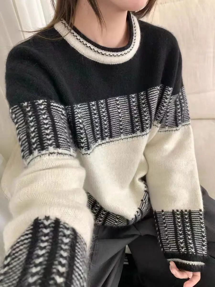 

Осенне-зимний европейский и американский модный женский пуловер с круглым вырезом, свитер из 100% шерсти с цветными блоками, обычные, хит продаж