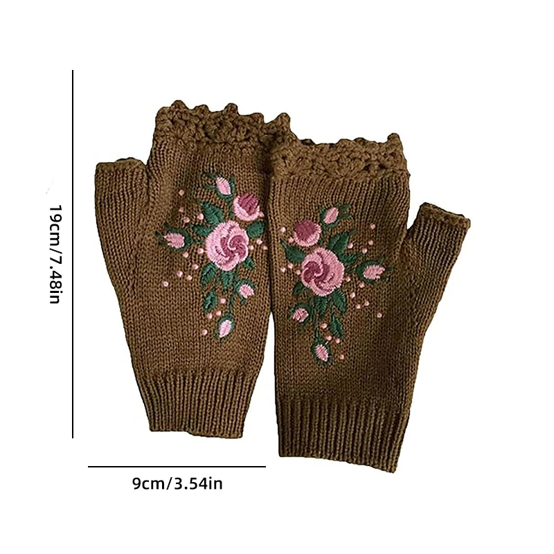 Hand Embroidered Gloves Women Thicken Knitted Flower Fingerless Black Gloves Winter Warm Stretchy Half Finger Gloves