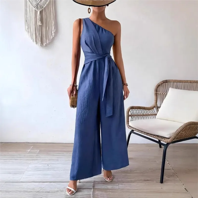 

New Casual Fashion Sexy Slim Jumpsuit Sleeveless One Shoulder Lace-up Women Wide-leg Pants Summer New Solid Female Jumpsuit 2025