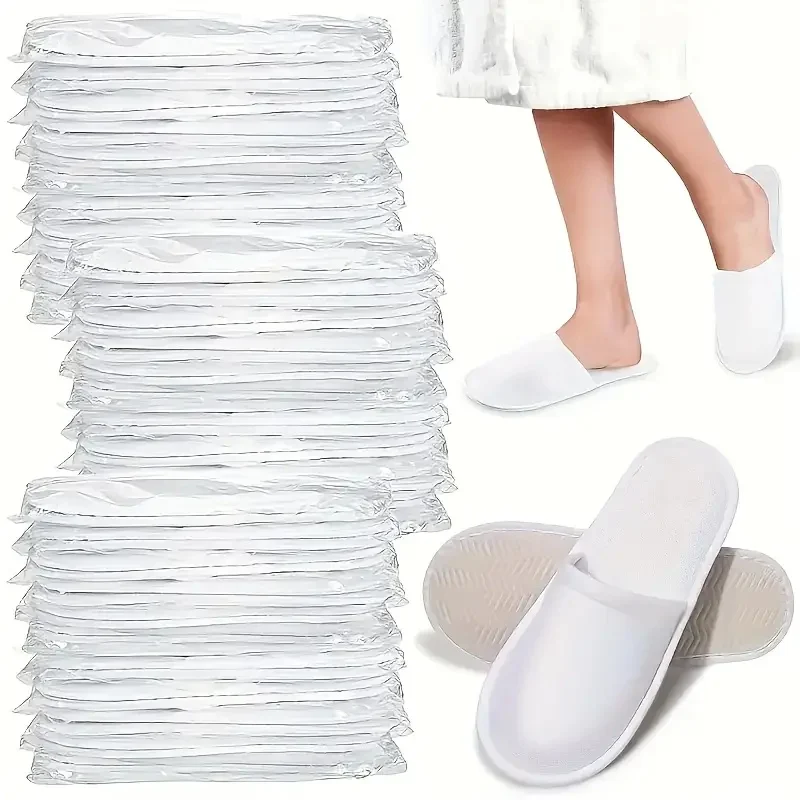

20/50Pcs Luxury Hotel and Spa Slippers - Non-Slip, Comfortable, Disposable Travel Slippers, Individually Packaged, White Fabric