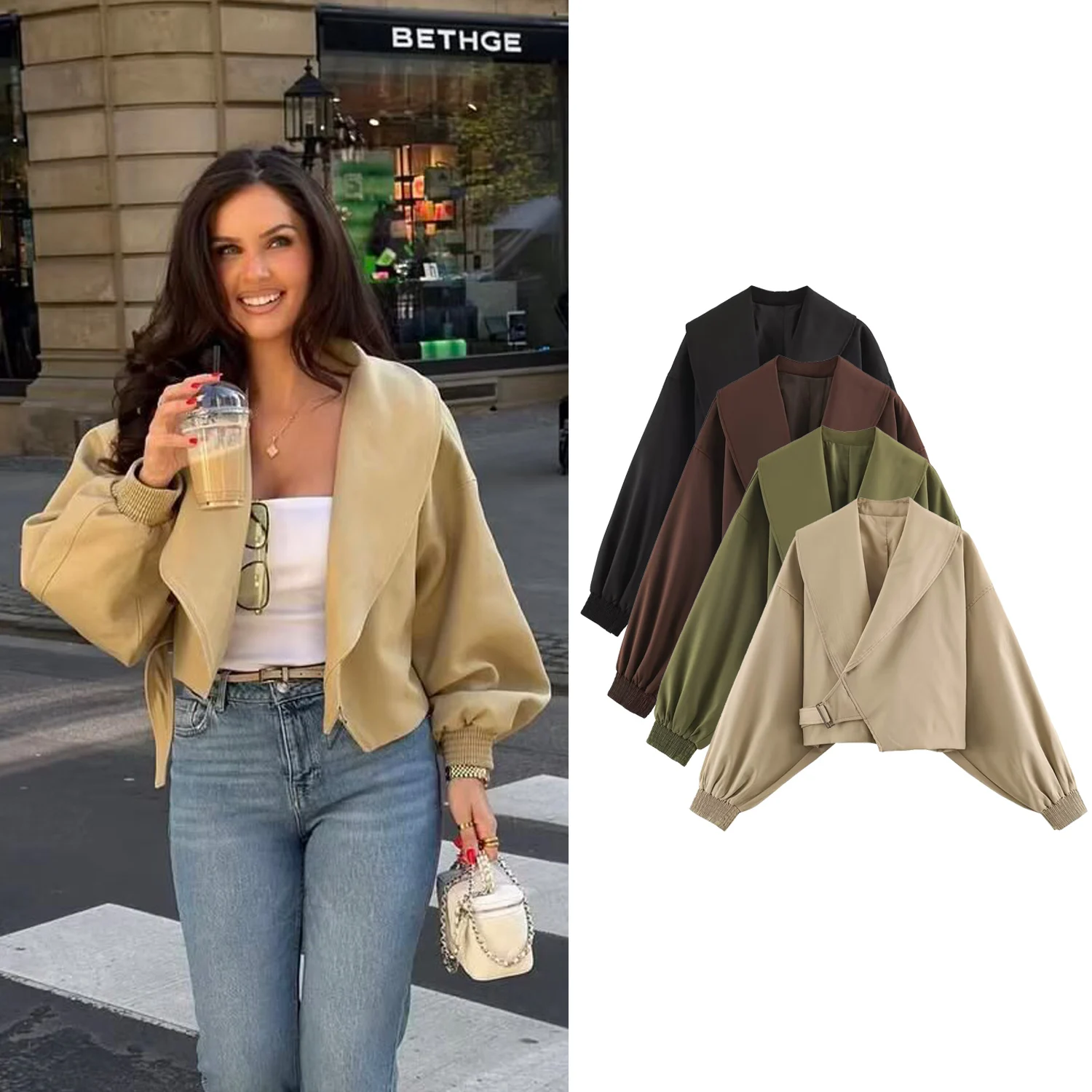 Women's Khaki Short Jackets Autumn Female Retro Chic Lace Up Single Button Lapel Long Sleeved Coats Lady High Street Windbreaker