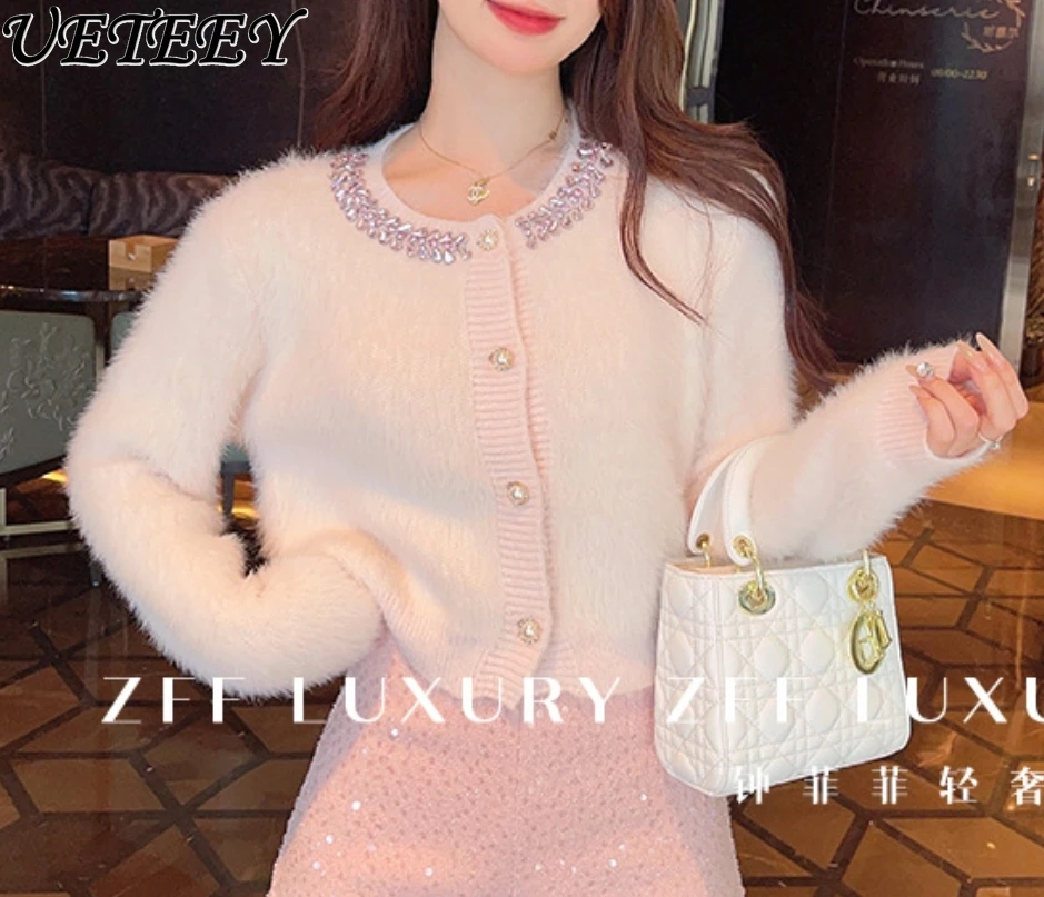 Diamond-Embedded Mink Fur High-Grade Sweater for Women Autumn and Winter New Outerwear High Texture Short Cardigan Coat