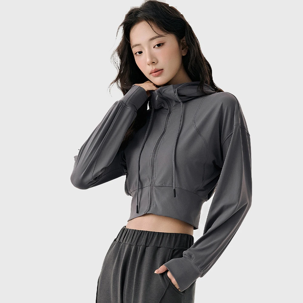 Women's Cropped Hoodie Jacket for Yoga, Fleece Lined Workout Zip Up for Pilates & Gym, Short Winter Training Coat