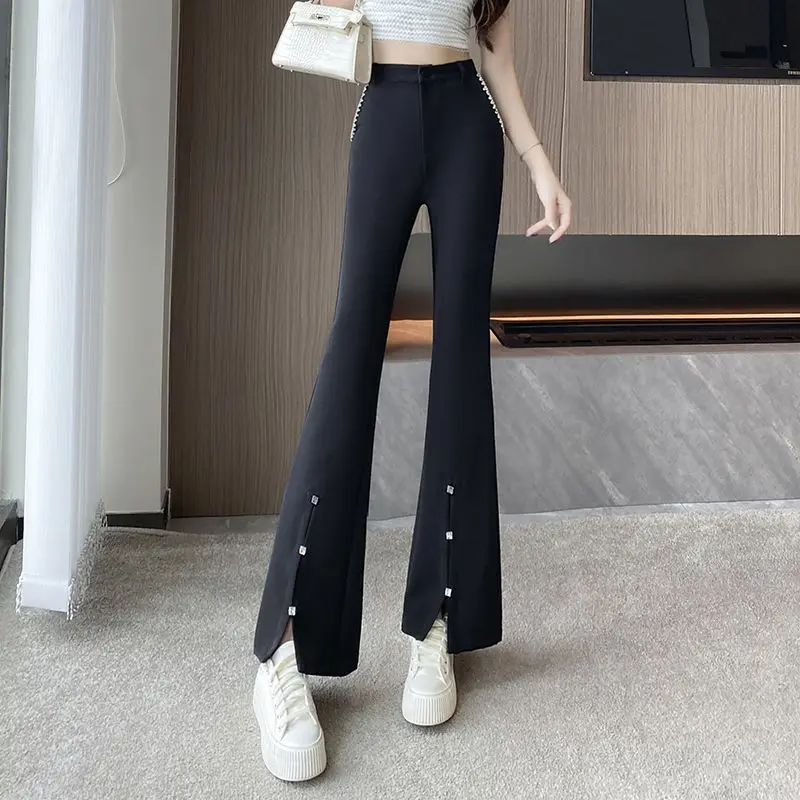 Newly Designed Fashionable Nail Bead Slit High Waisted Slimming Suit Pants with a Drooping Sensation and a Slightly Flared