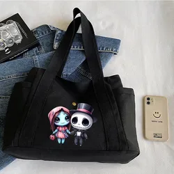 Cute Disney's The Nightmare Before Christmas Jack Sally  Solid Color Canvas Tote Bags Casual Handbag Underarm Bag Women Tote Bag