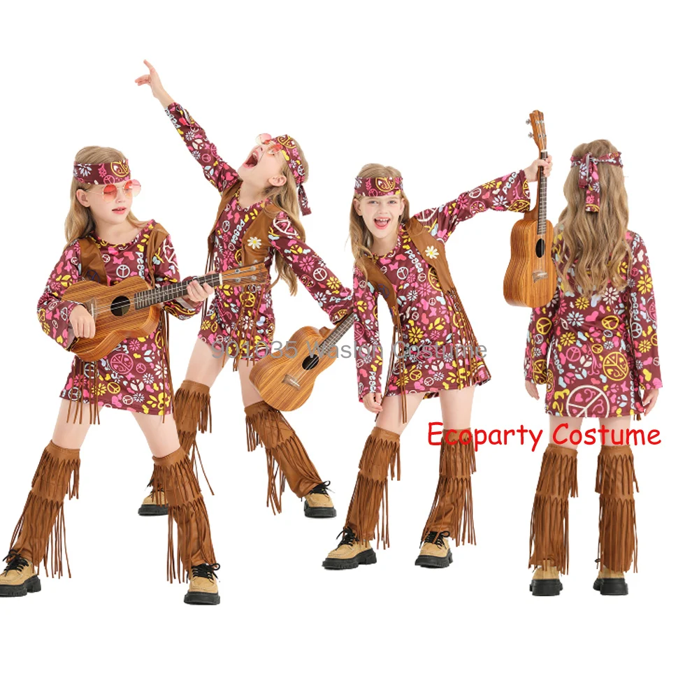 Baby Kid Girls Peace Love Hippie Costume Halloween Cosplay Dress Party Outfit For Hippy Girls S-XL Headwear +Dress+ Bootcover