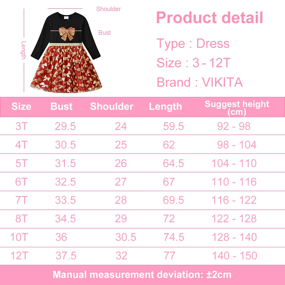 VIKITA Girl Bow Knot Dress for Kids Long Sleeve Autumn Spring Winter Ball Gown Children Party Birthday Gift Children Clothing