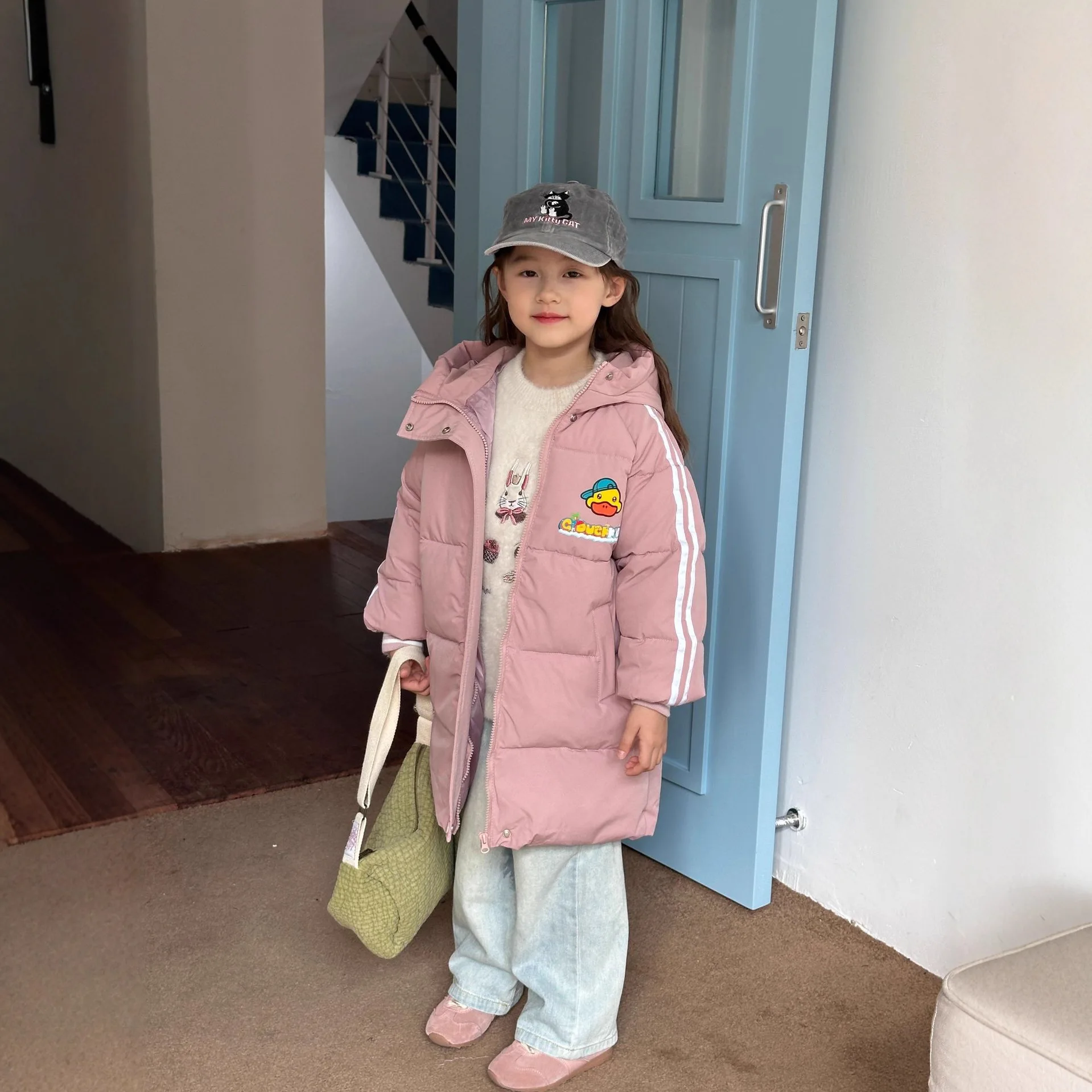 ZOETOPKID Winter Girls Warm Jacket Long Style Thick Warm Cartoon Duck Fashion Hooded Coat Kids Outerwear Children Clothing