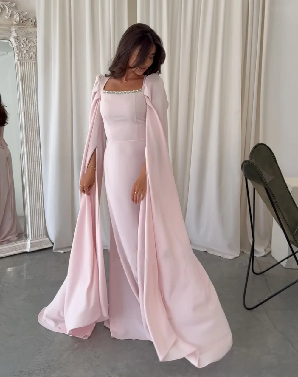 Customized Jersey Rhinestone Square Neck A-line Long Dresses Bespoke Occasion Prom Party Gown Elegant Sizes Available Formal