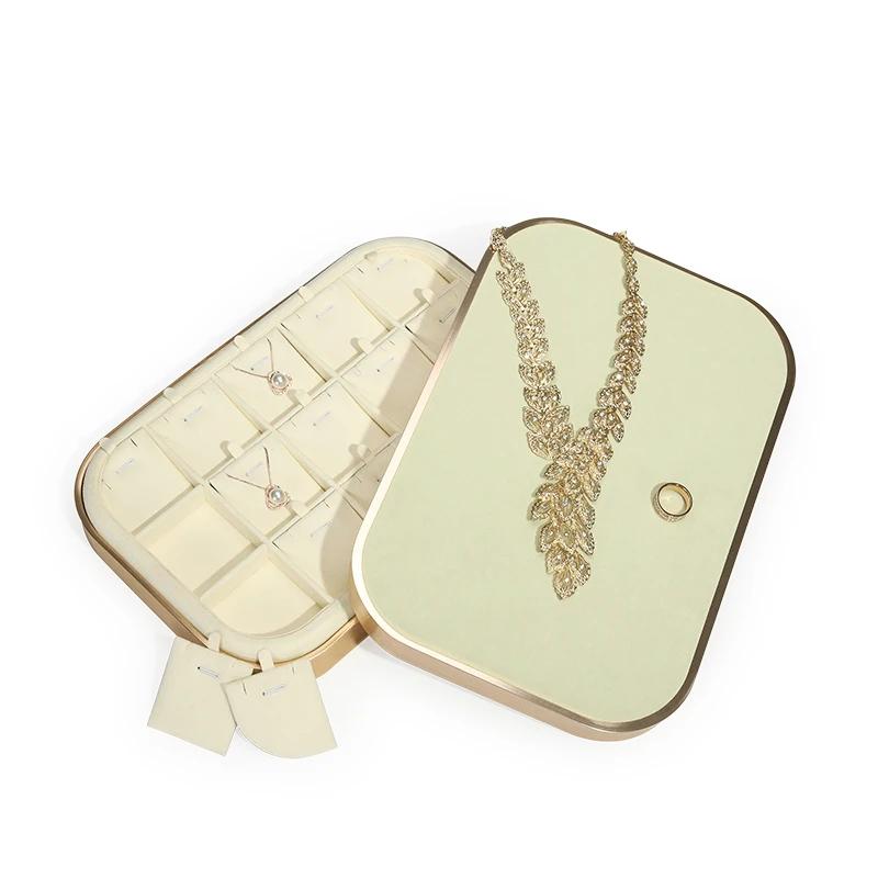 Beige Super Fiber Jewelry Display Tray Fashion Portable Earring Jewelry Storage Case Pendant Necklace Showcase 8 Slot Box