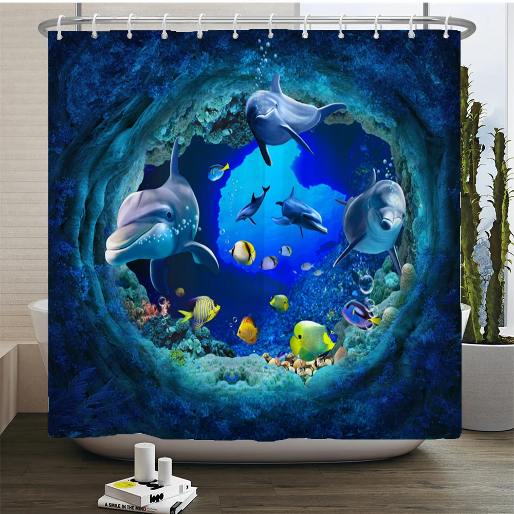 3D Sea Ocean Design Dolphin Shower Curtains Set Waterproof Fabric Bathroom Curtain Anti-skid Rugs Toilet Lid Cover Bath Mat